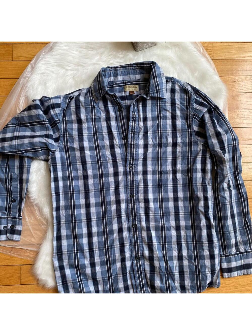 Sonoma Life + Style Blue Plaid Button-Up Shirt Small